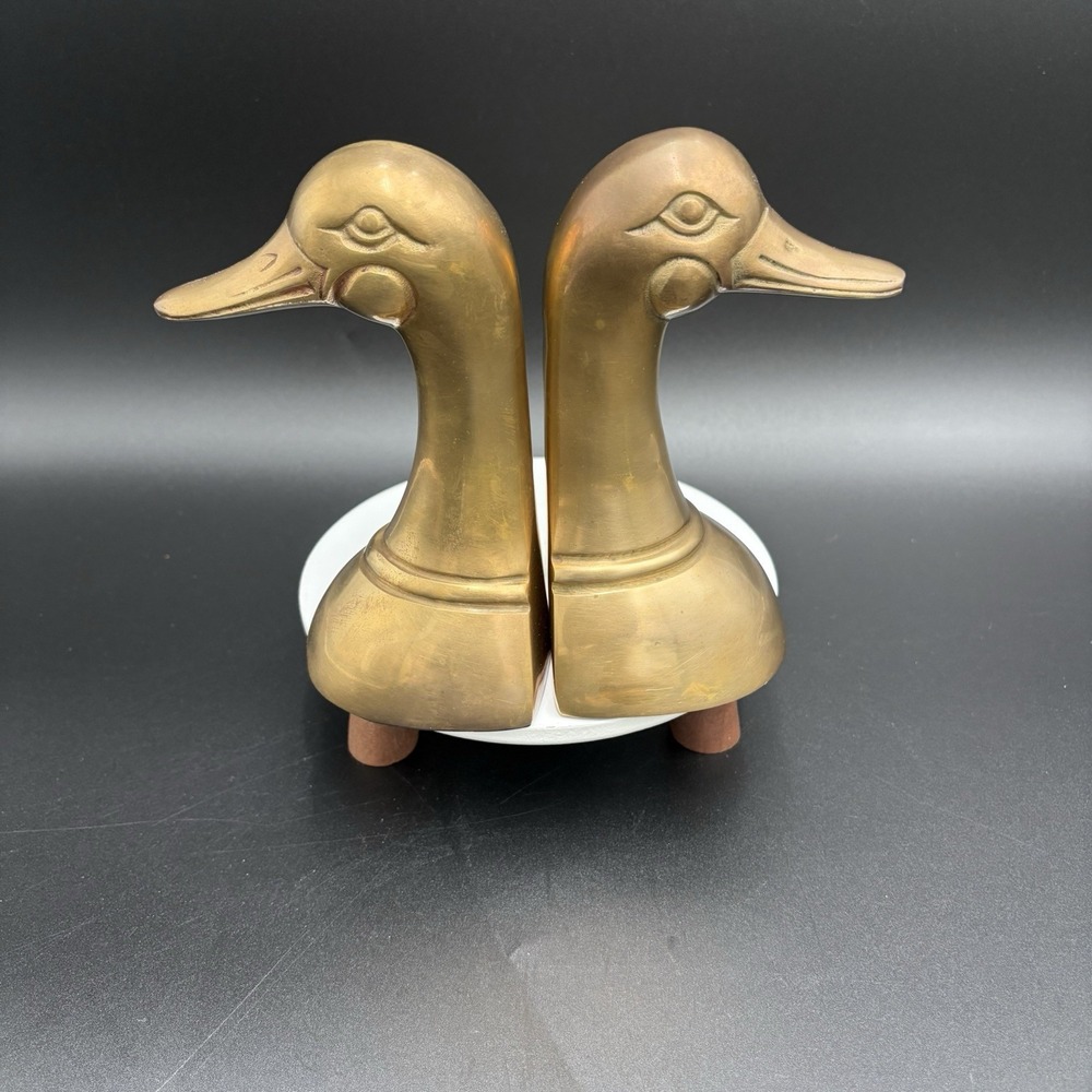 Vintage 1950's Solid Brass Mallard Duck Head Bookends MCM Decor